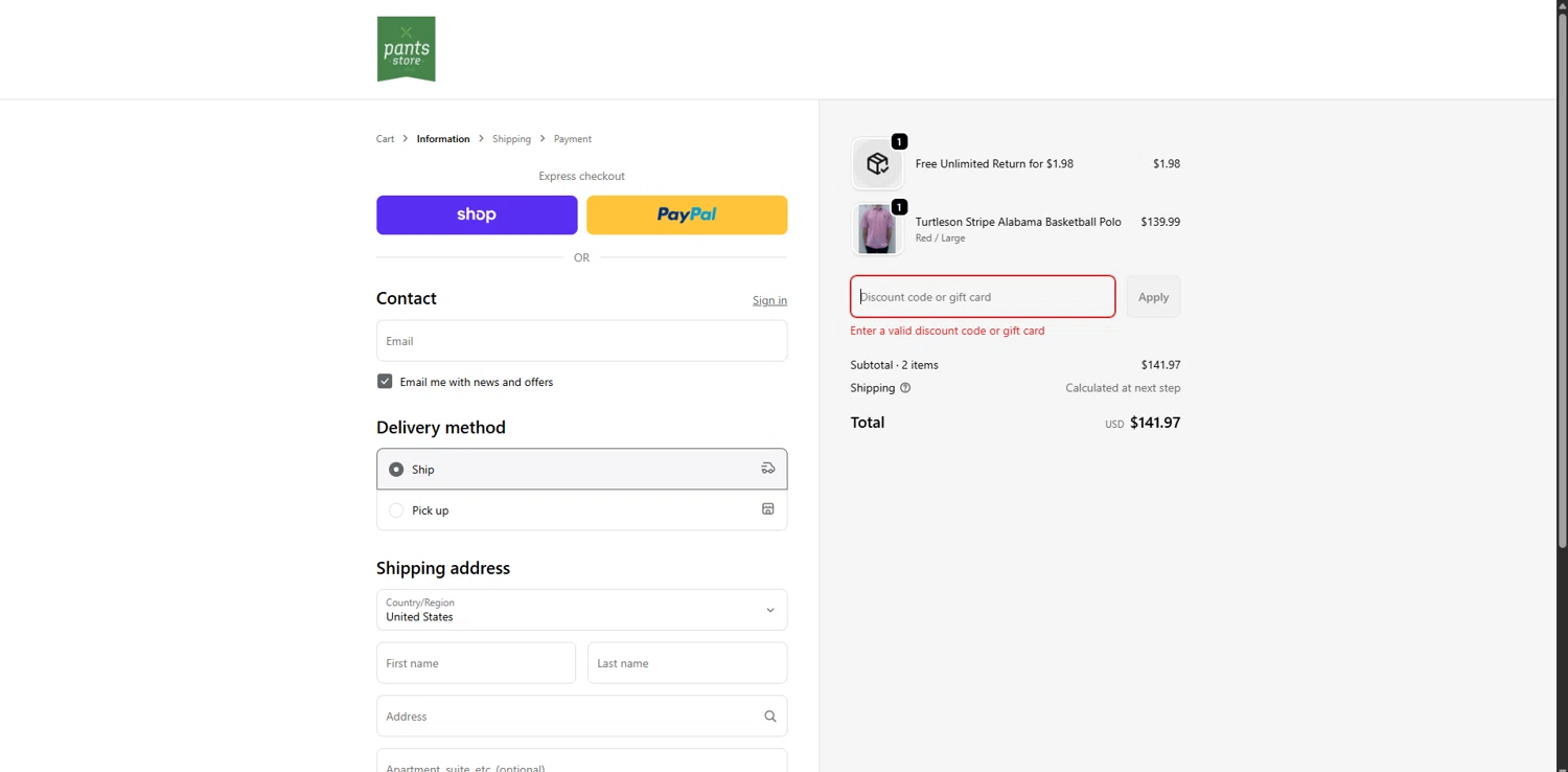 Pants Store discount code screenshot showing code 12DAYS25 applied at Pants Store checkout page. Uploaded by SimplyCodes community member TreasureChaser3010 on Dec 24, 2025