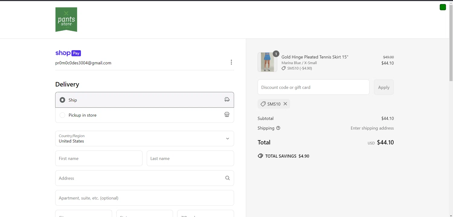 Pants Store discount code screenshot showing code SMS10 applied at Pants Store checkout page. Uploaded by SimplyCodes community member JakePerrox on Mar 15, 2025