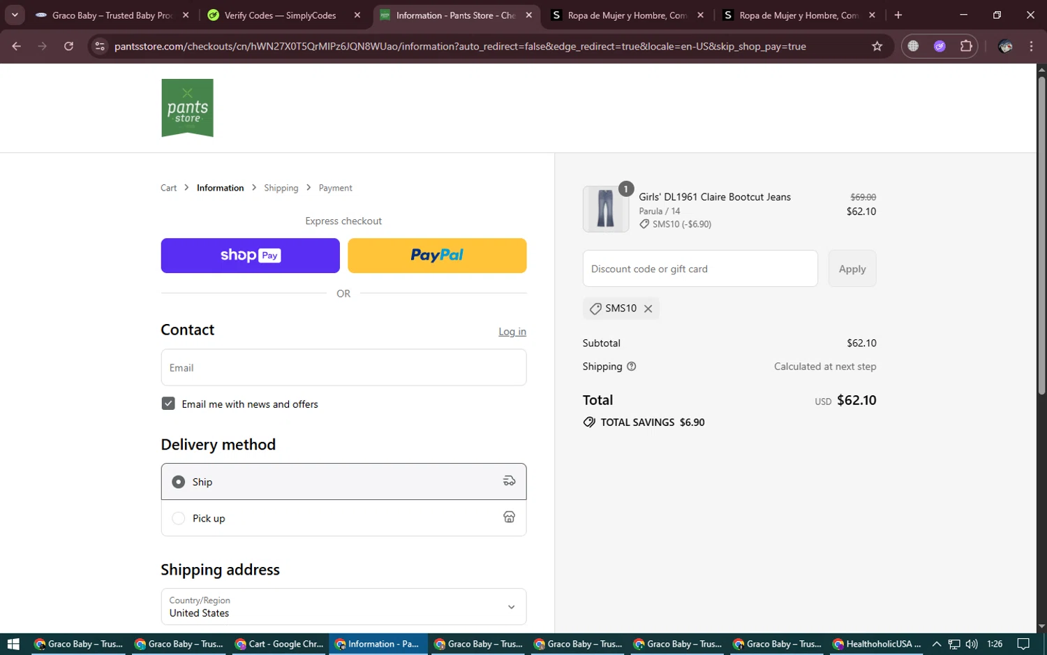Pants Store discount code screenshot showing code SMS10 applied at Pants Store checkout page. Uploaded by SimplyCodes community member NobleGenius1697 on Aug 23, 2025