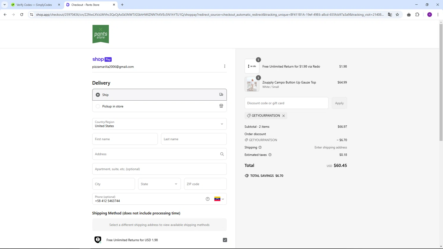 Pants Store discount code screenshot showing code GETYOURPANTSON applied at Pants Store checkout page. Uploaded by SimplyCodes community member AVAMUSTANG on Mar 6, 2025