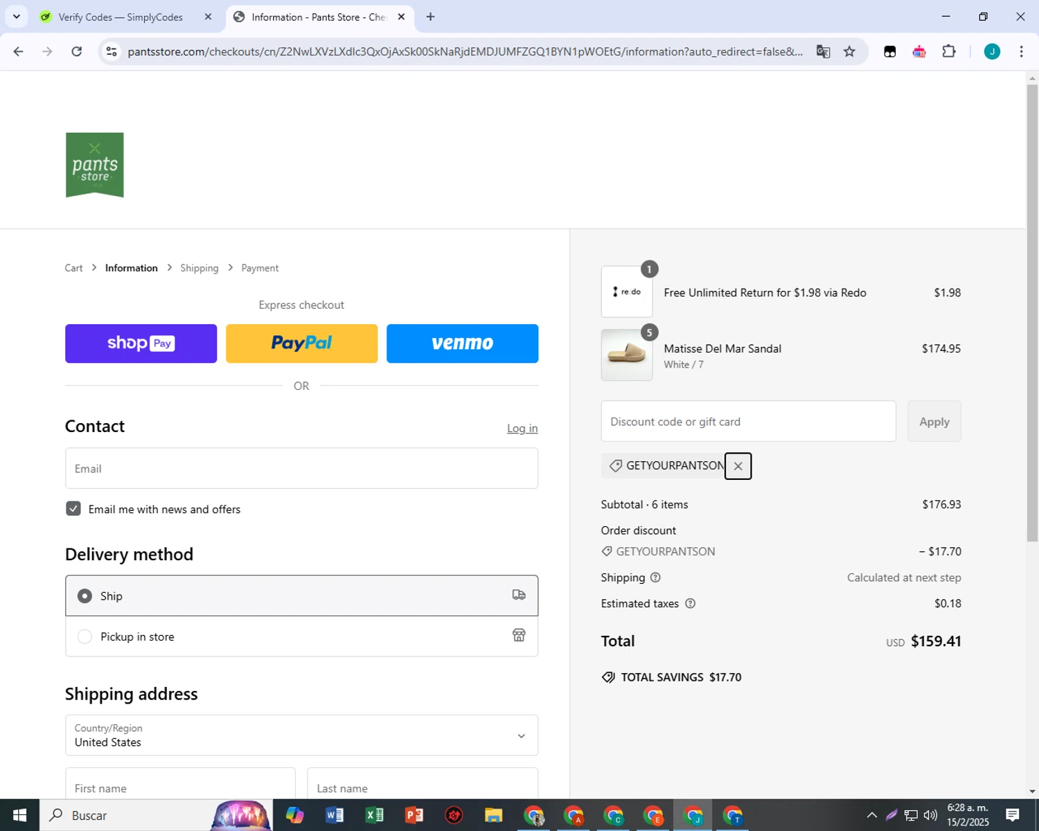 Pants Store discount code screenshot showing code GETYOURPANTSON applied at Pants Store checkout page. Uploaded by SimplyCodes community member VictoriousSpotter751 on Feb 15, 2025