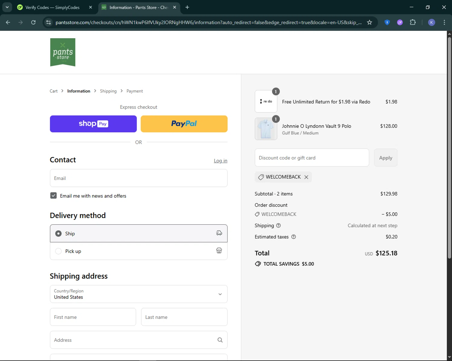 Pants Store discount code screenshot showing code WELCOMEBACK applied at Pants Store checkout page. Uploaded by SimplyCodes community member KevLapage on Aug 13, 2025