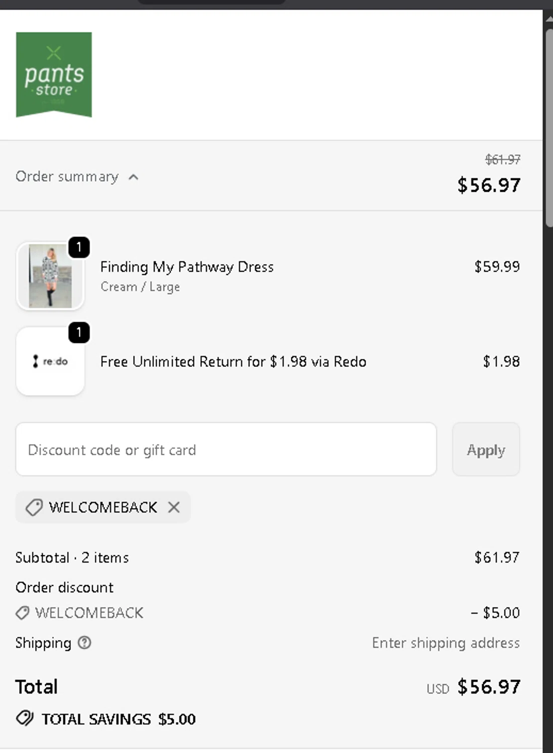 Pants Store discount code screenshot showing code WELCOMEBACK applied at Pants Store checkout page. Uploaded by SimplyCodes community member edwardtoyo on Oct 23, 2025