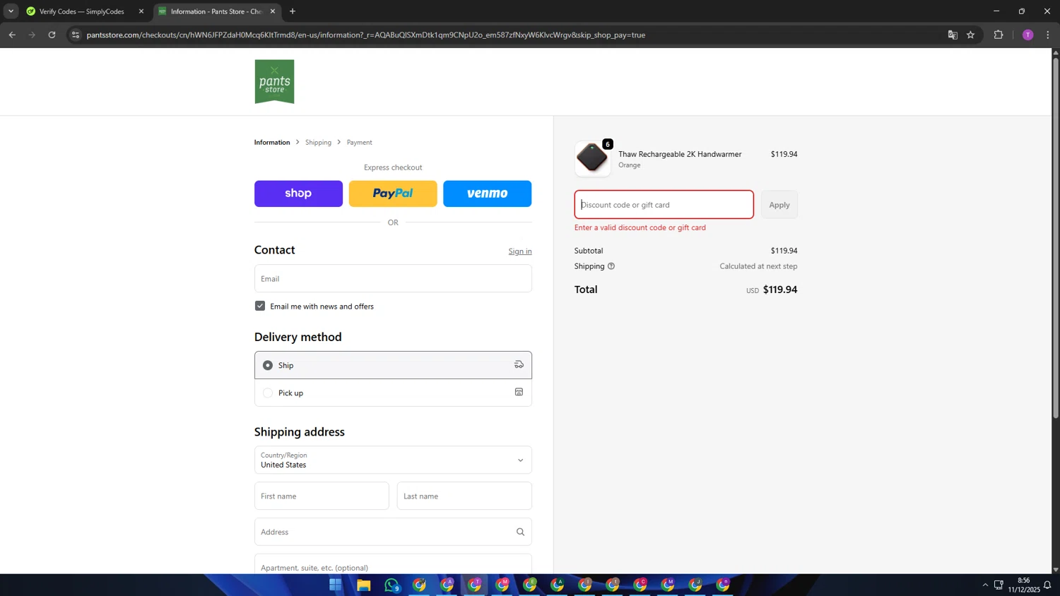 Pants Store discount code screenshot showing code 12DAYS9 applied at Pants Store checkout page. Uploaded by SimplyCodes community member ShrewdSleuth9497 on Dec 11, 2025