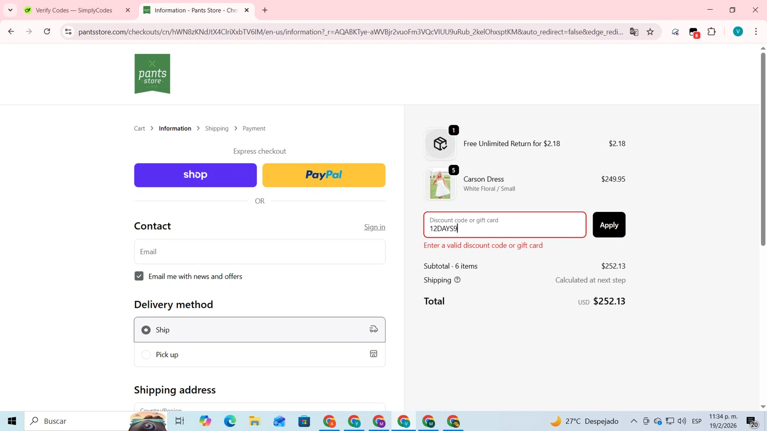 Pants Store discount code screenshot showing code 12DAYS9 applied at Pants Store checkout page. Uploaded by SimplyCodes community member lyffytaro on Feb 20, 2026