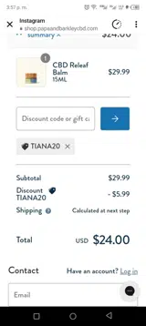 Tiana20 coupon verification screenshot