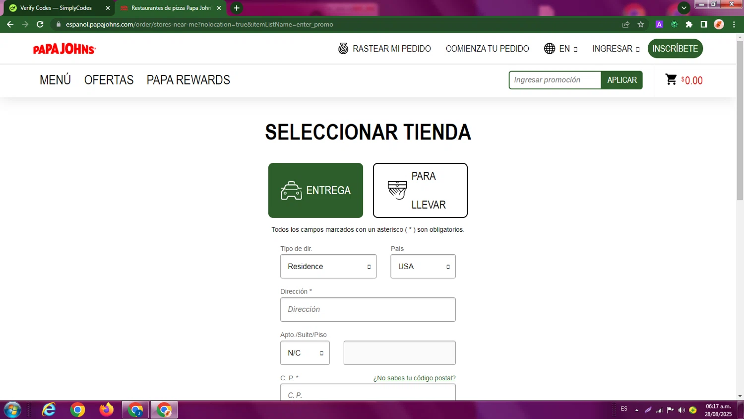 Papa John's promo code screenshot showing code SM25 applied at Papa John's checkout page. Uploaded by SimplyCodes community member LegendaryBoss7060 on Aug 28, 2025