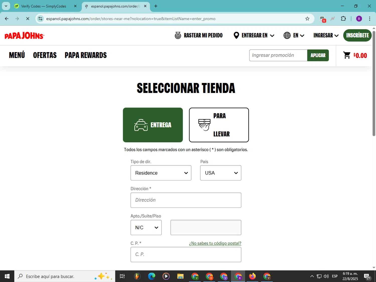 Papa John's promo code screenshot showing code SM25 applied at Papa John's checkout page. Uploaded by SimplyCodes community member Soyvictor on Aug 22, 2025