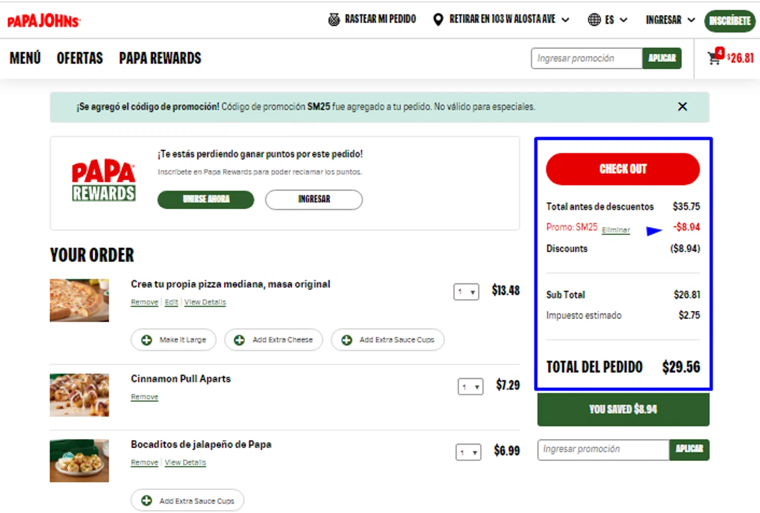 where to use Papa John's promo code box