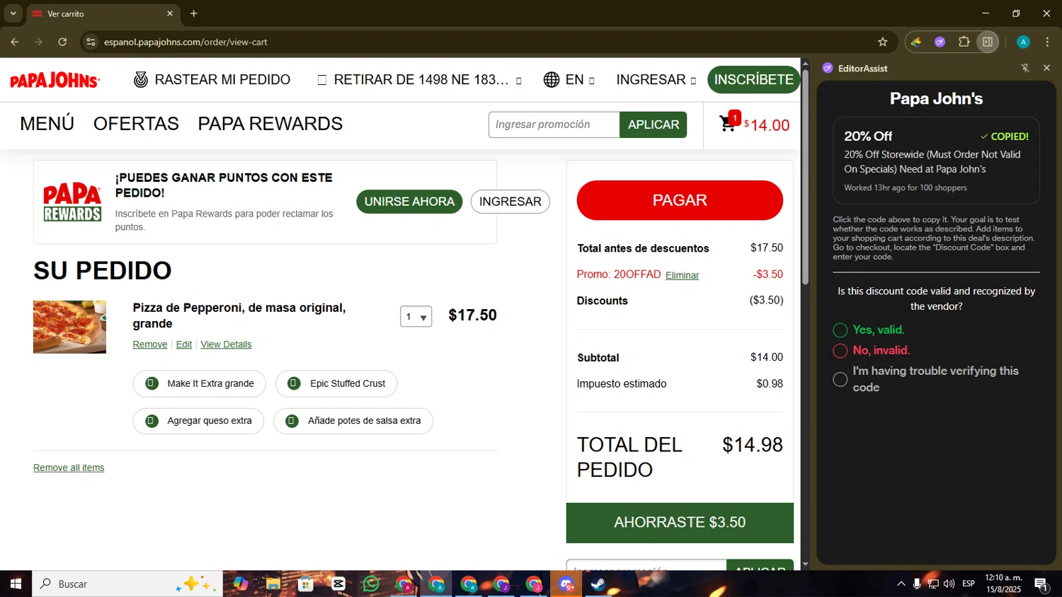 Papa John's promo code screenshot showing code 20OFFAD applied at Papa John's checkout page. Uploaded by SimplyCodes community member Blackmesa on Aug 15, 2025