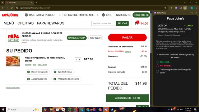 Papa John's checkout page showing Papa John's promo code box | Screenshot taken by SimplyCodes community member on Aug 15, 2025