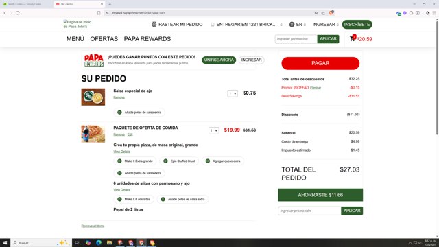 Papa John's checkout page showing Papa John's promo code box | Screenshot taken by SimplyCodes community member on Aug 23, 2025