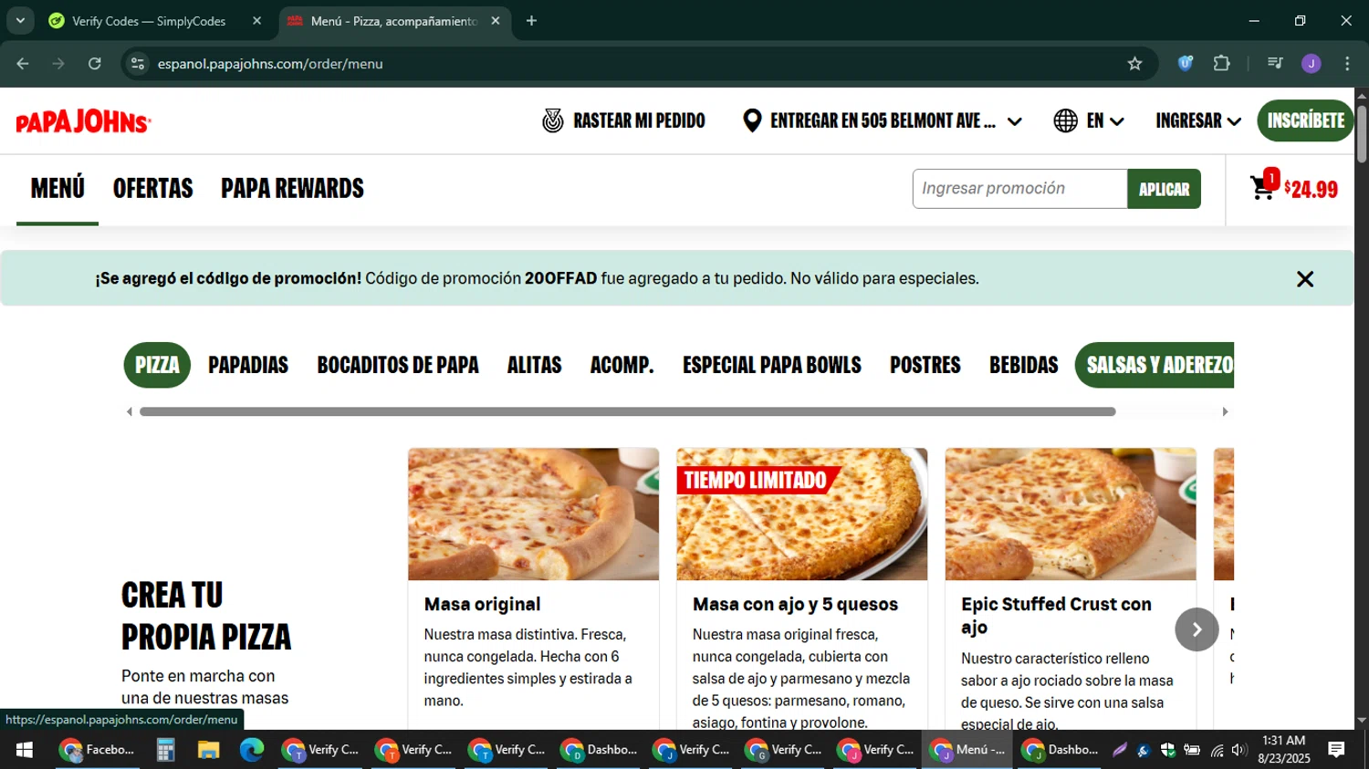 Papa John's promo code screenshot showing code 20OFFAD applied at Papa John's checkout page. Uploaded by SimplyCodes community member sniderjack453 on Aug 23, 2025