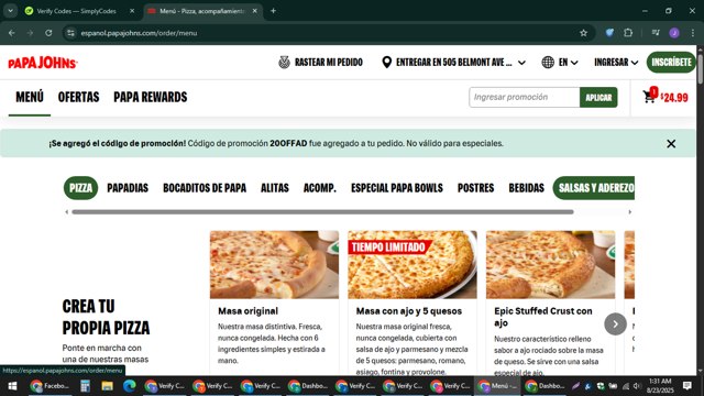 Papa John's checkout page showing Papa John's promo code box | Screenshot taken by SimplyCodes community member on Aug 23, 2025