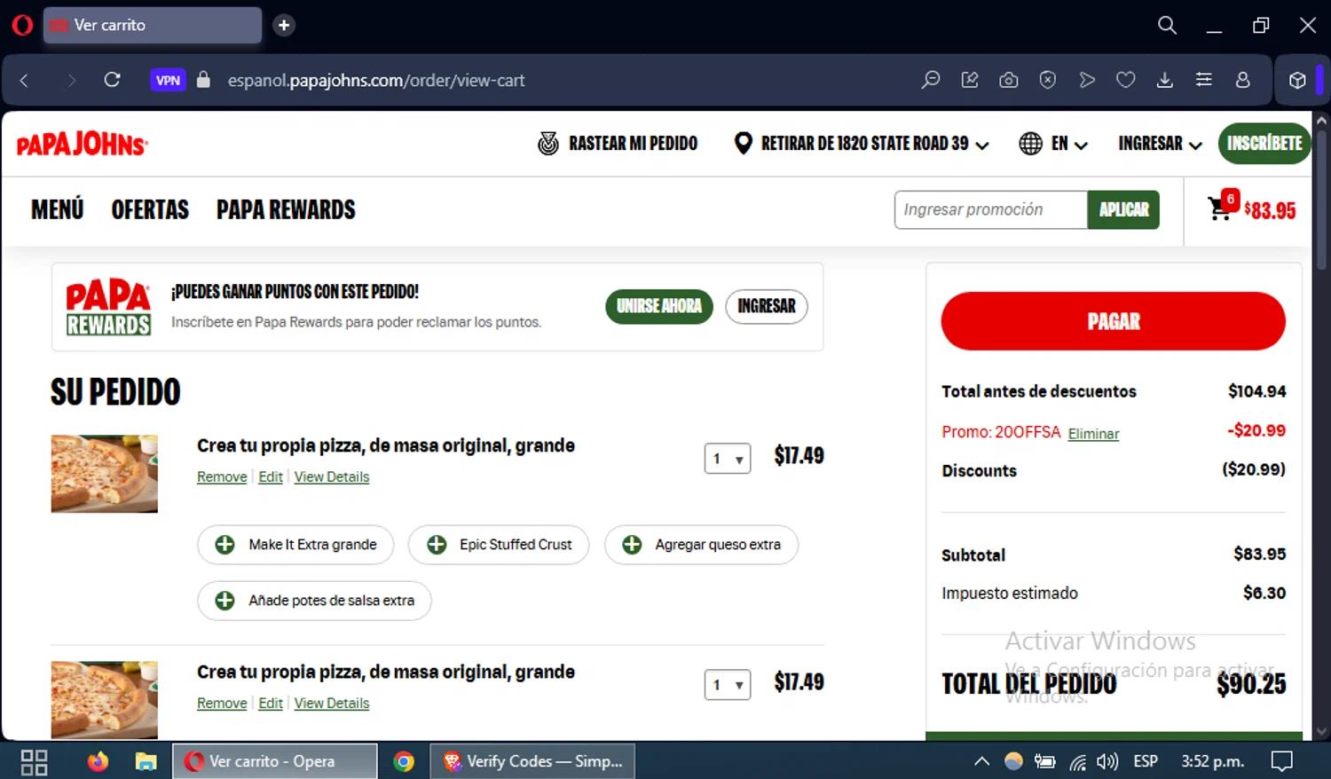 Papa John's promo code screenshot showing code 20OFFSA applied at Papa John's checkout page. Uploaded by SimplyCodes community member CouponSaver4196 on Aug 14, 2025
