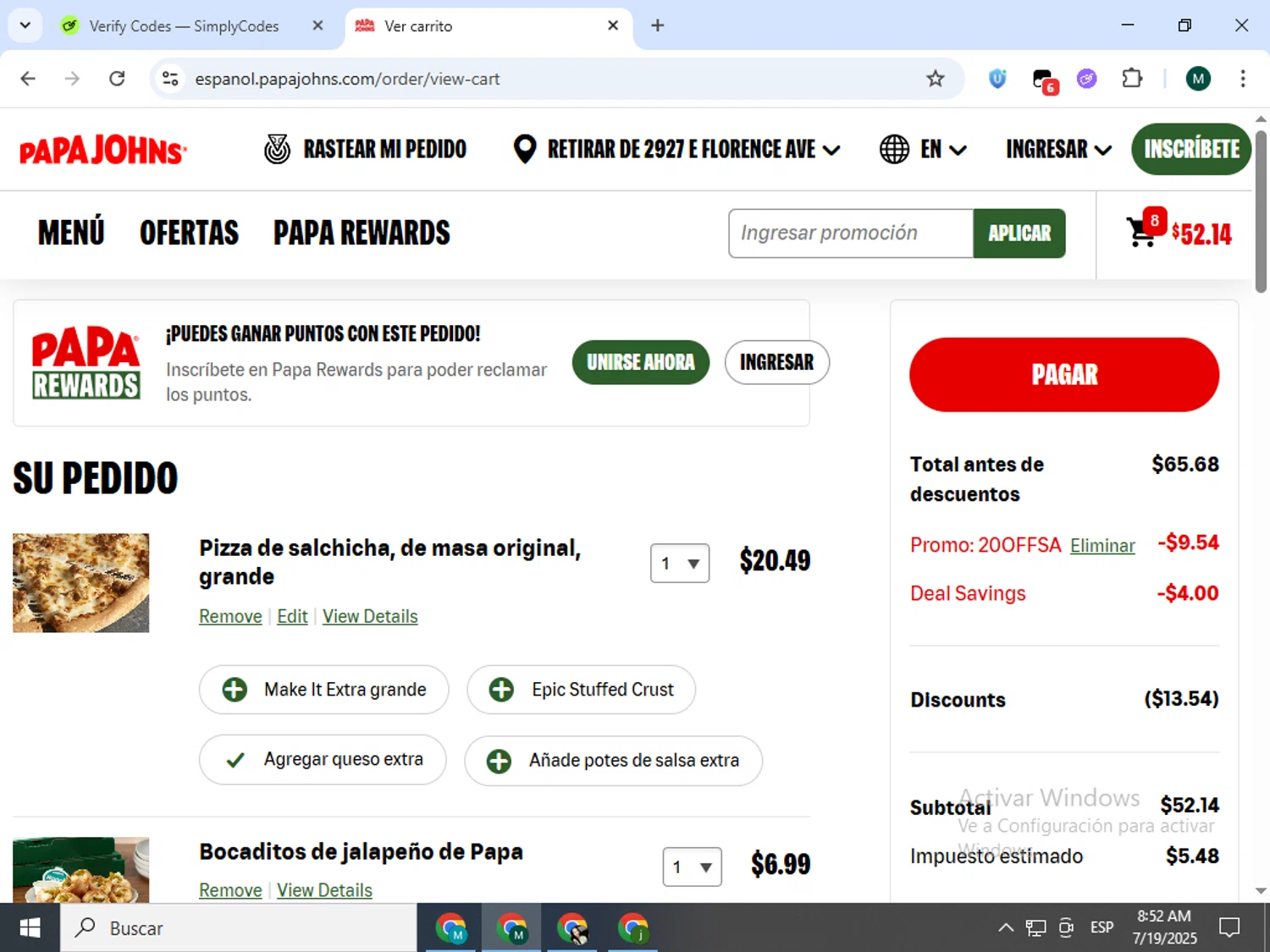 Papa John's promo code screenshot showing code 20OFFSA applied at Papa John's checkout page. Uploaded by SimplyCodes community member Jorgeluisvera on Jul 19, 2025