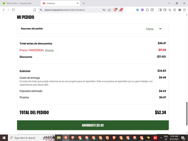 Papa John's checkout page showing Papa John's promo code box | Screenshot taken by SimplyCodes community member on Aug 27, 2025