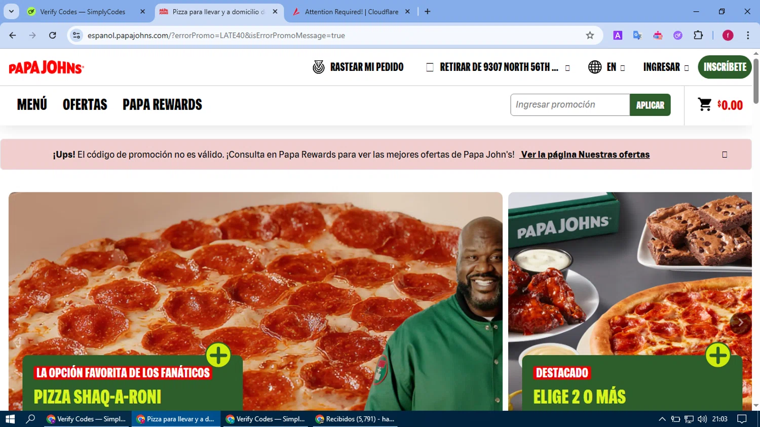 Papa John's promo code screenshot showing code LATE40 applied at Papa John's checkout page. Uploaded by SimplyCodes community member fausguillermo on May 22, 2025