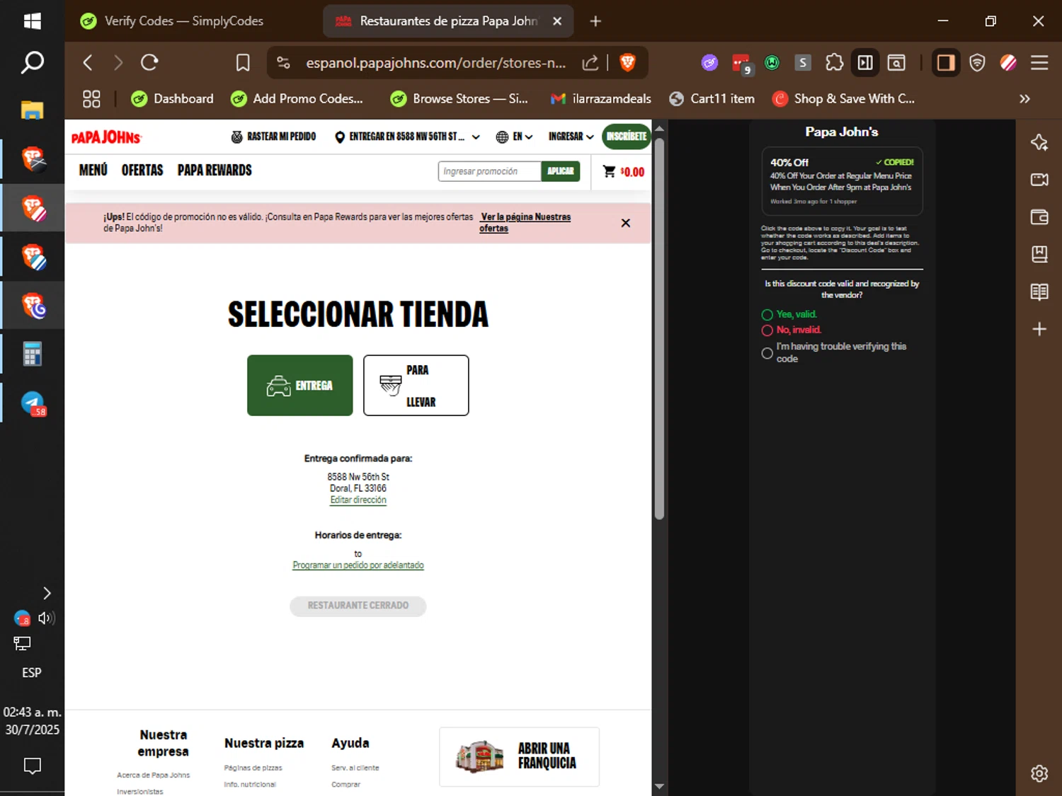 Papa John's promo code screenshot showing code LATE40 applied at Papa John's checkout page. Uploaded by SimplyCodes community member ilarrazaM3 on Jul 30, 2025
