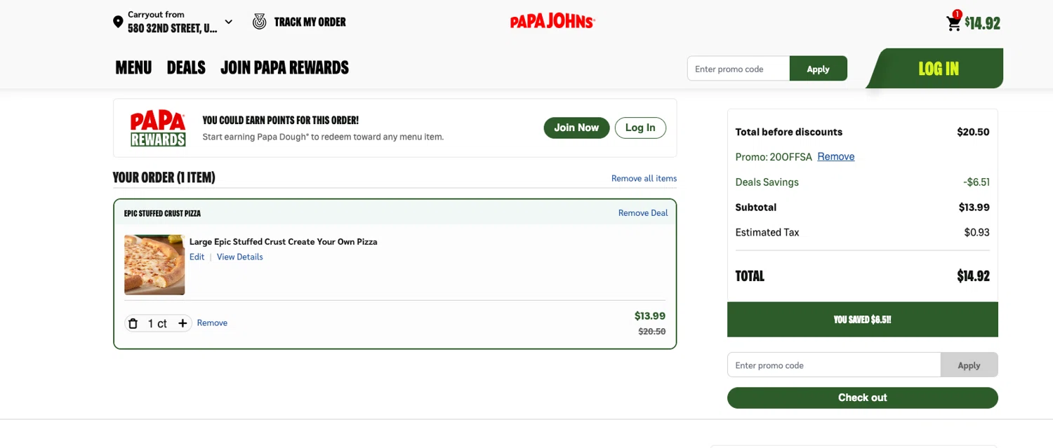 Papa John's promo code screenshot showing code 20OFFSA applied at Papa John's checkout page. Uploaded by SimplyCodes community member ELOIN777 on Jun 11, 2026