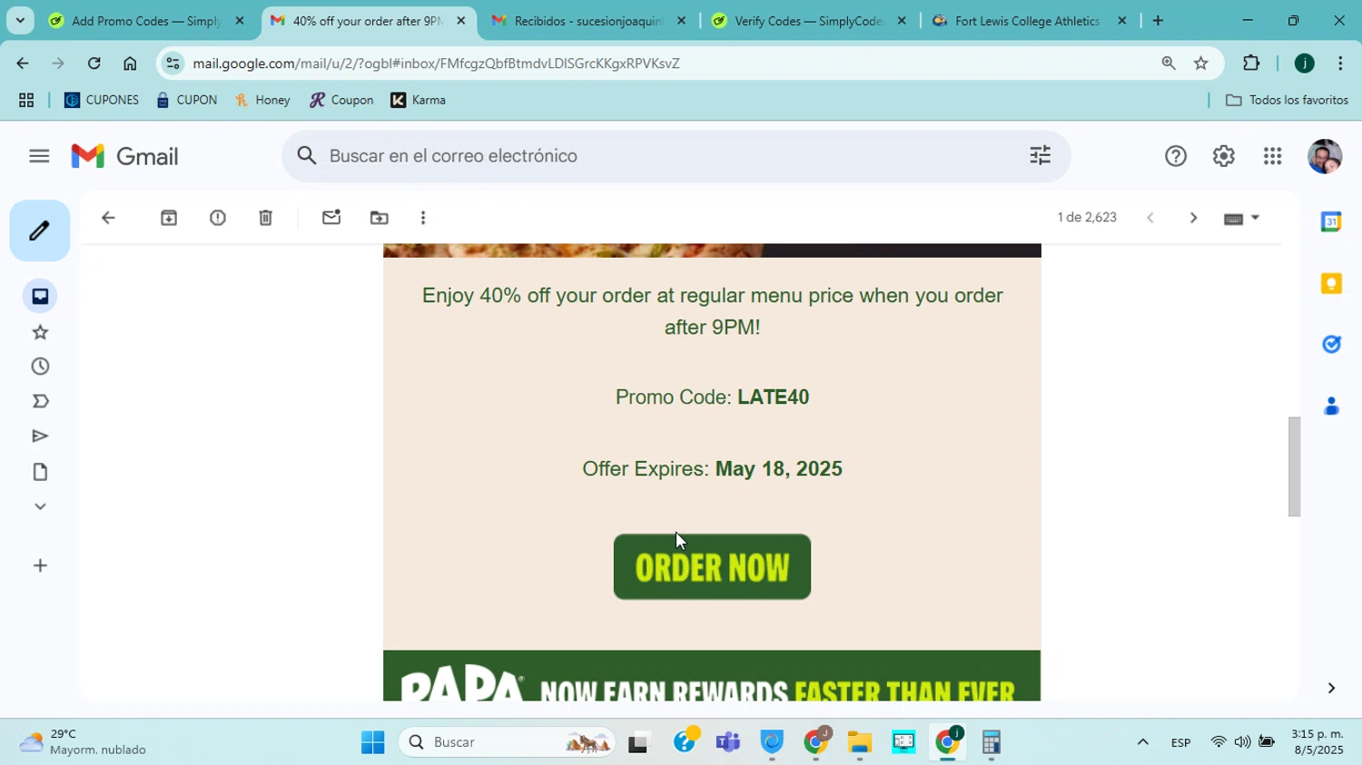 Papa John's promo code screenshot showing code LATE40 applied at Papa John's checkout page. Uploaded by SimplyCodes community member jorgejavierherrera on May 8, 2025