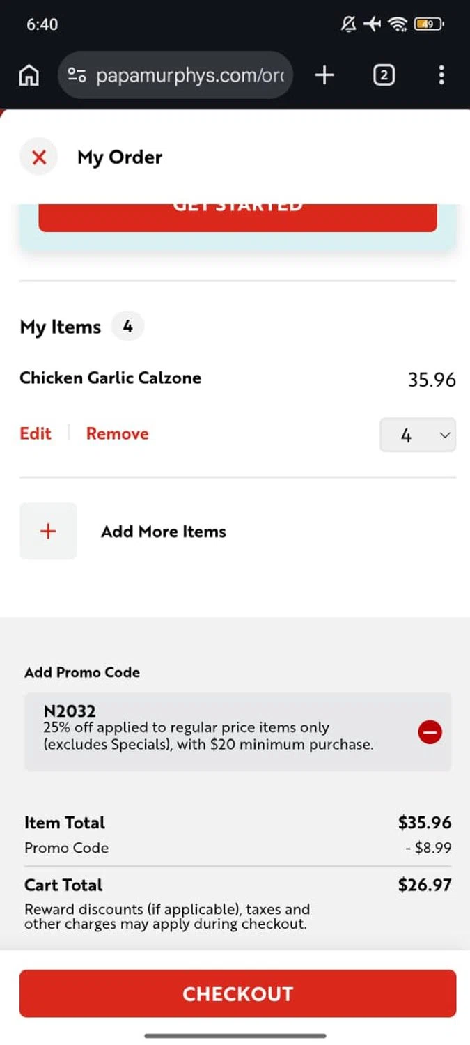 Papa Murphy's promo code screenshot showing code N2032 applied at Papa Murphy's checkout page. Uploaded by SimplyCodes community member RoyalSpotter5217 on Feb 20, 2026