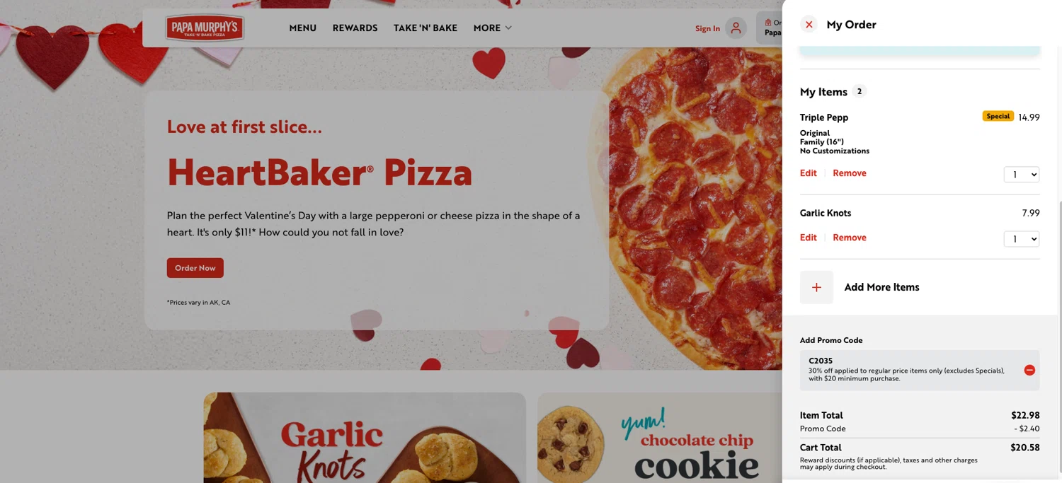Papa Murphy's promo code screenshot showing code C2035 applied at Papa Murphy's checkout page. Uploaded by SimplyCodes community member ELOIN777 on Feb 4, 2026