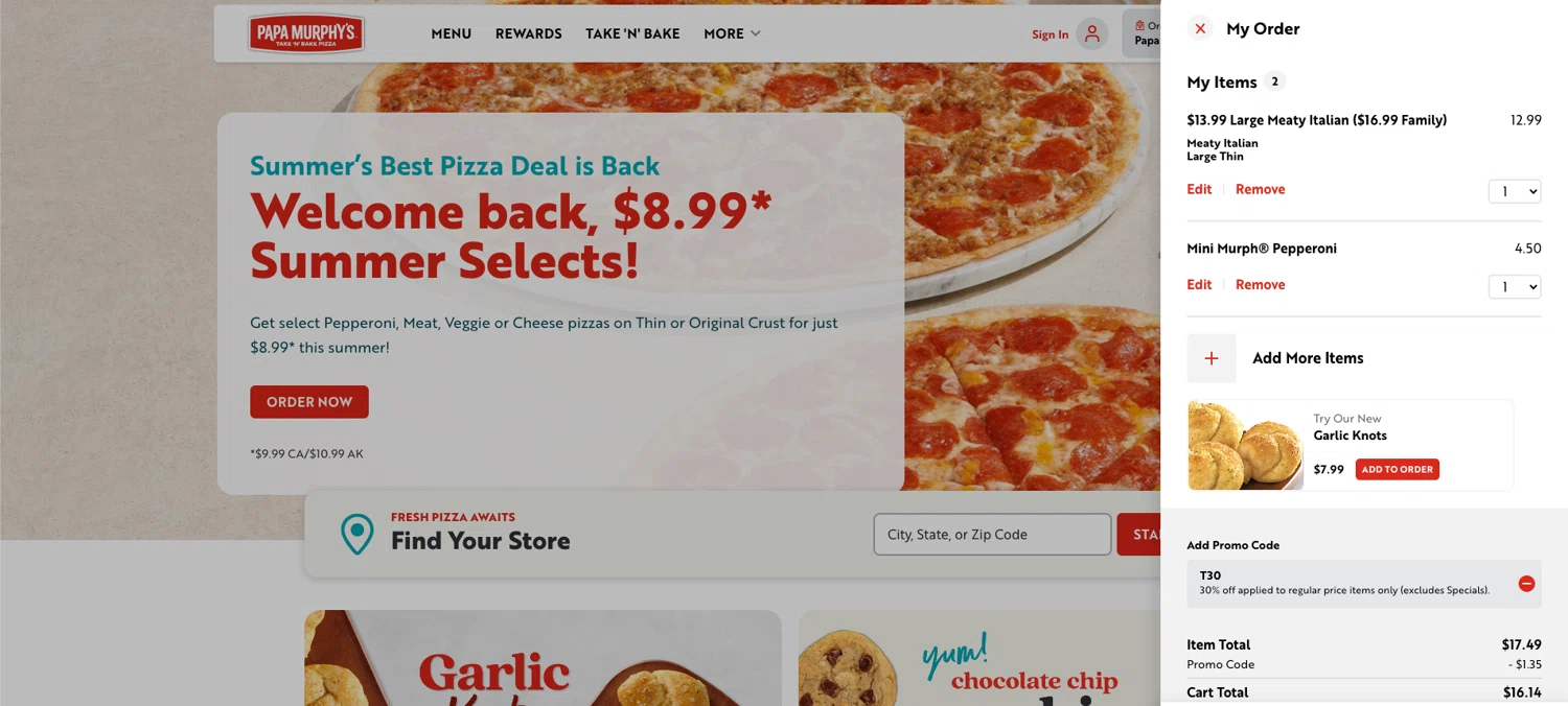 Papa Murphy's promo code screenshot showing code T30 applied at Papa Murphy's checkout page. Uploaded by SimplyCodes community member ELOIN777 on Jun 8, 2026