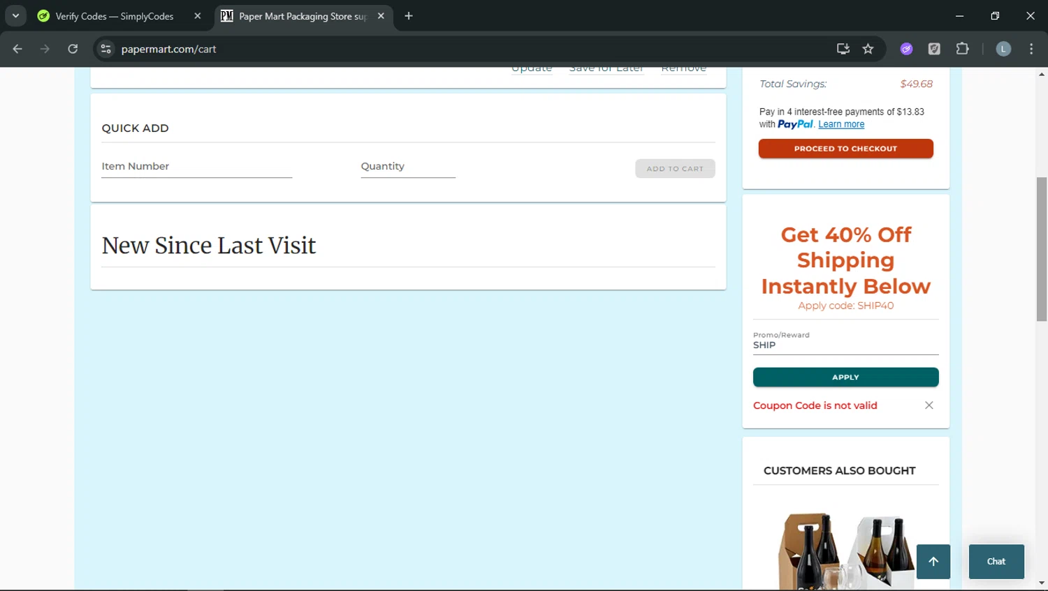 Paper Mart promo code screenshot showing code SHIP applied at Paper Mart checkout page. Uploaded by SimplyCodes community member RoyalOwl5790 on Jan 30, 2026