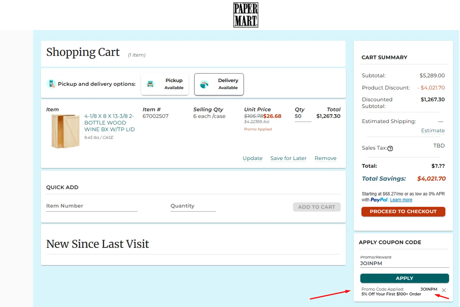 Paper Mart promo code screenshot showing code JOINPM applied at Paper Mart checkout page. Uploaded by SimplyCodes community member valeriaantonieta on Jun 4, 2026
