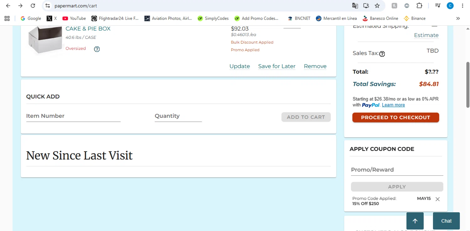 Paper Mart promo code screenshot showing code MAY15 applied at Paper Mart checkout page. Uploaded by SimplyCodes community member victor on May 18, 2026