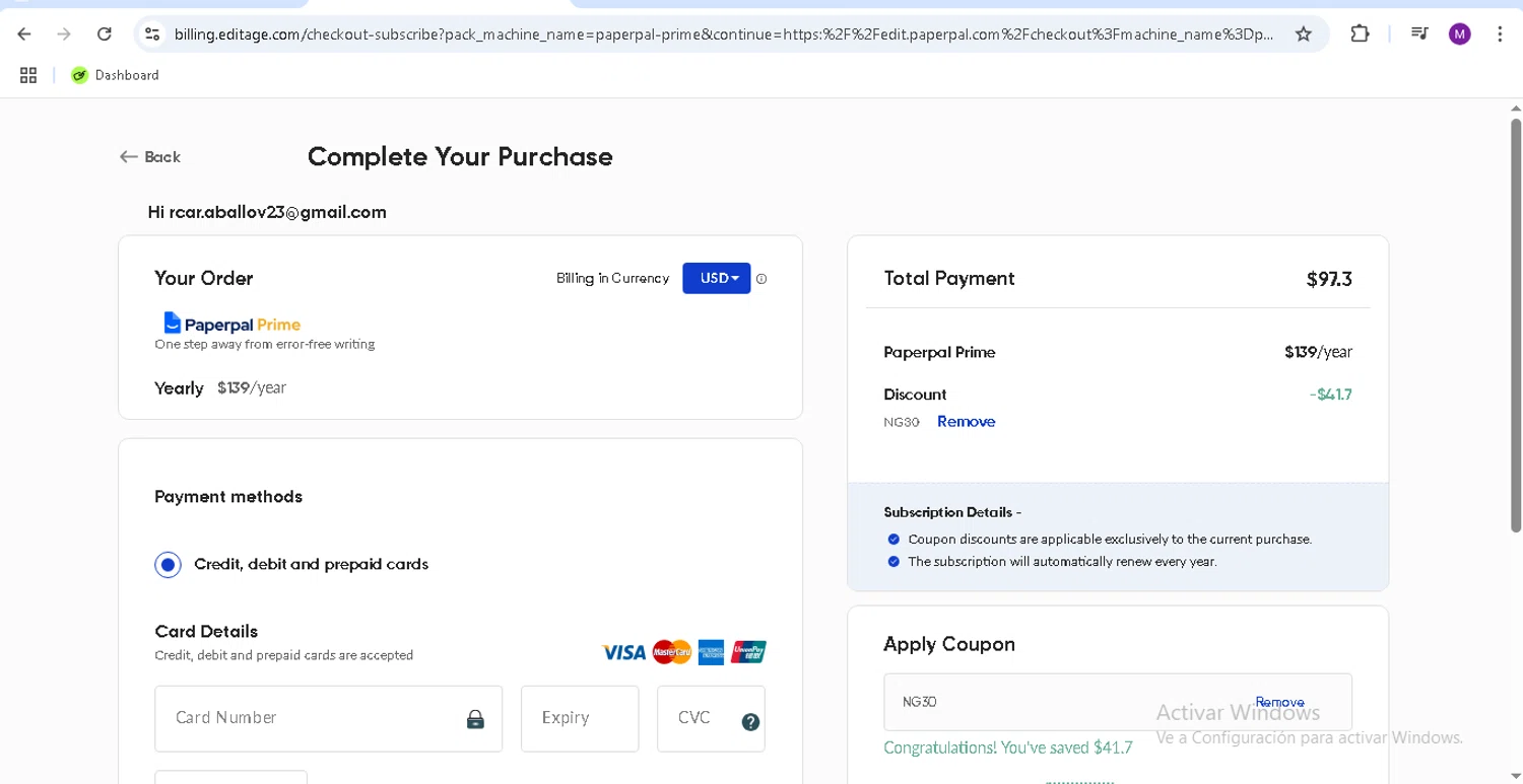 Paperpal discount code screenshot showing code NG30 applied at Paperpal checkout page. Uploaded by SimplyCodes community member monicacaraballo on Apr 18, 2025