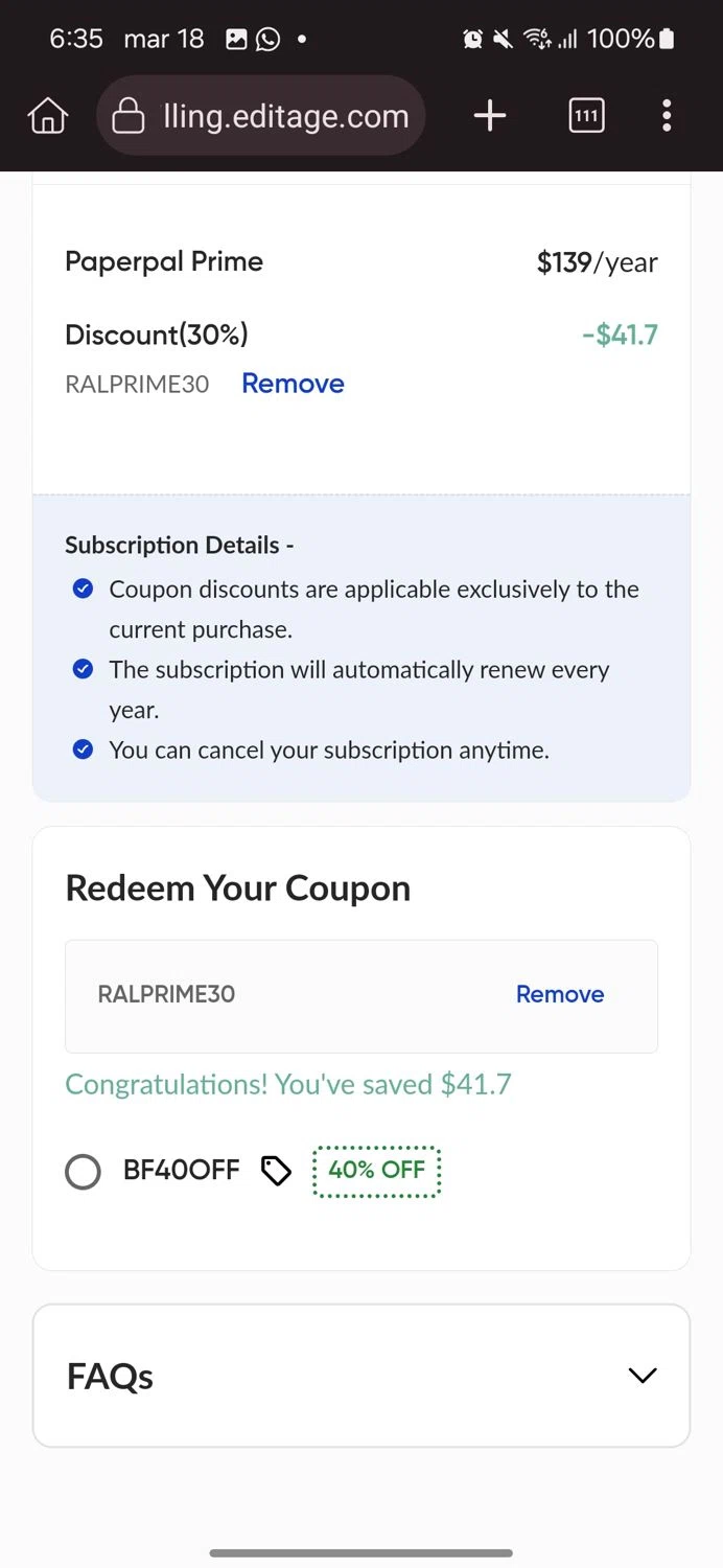 Paperpal discount code screenshot showing code RALPRIME30 applied at Paperpal checkout page. Uploaded by SimplyCodes community member FrugalSage5401 on Nov 18, 2025