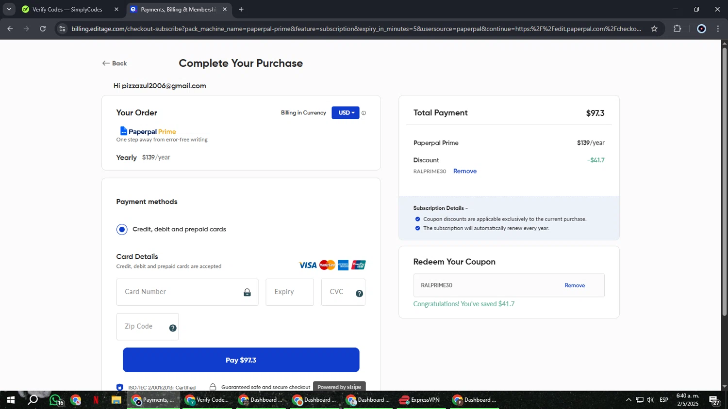 Paperpal discount code screenshot showing code RALPRIME30 applied at Paperpal checkout page. Uploaded by SimplyCodes community member RoyalBoss4384 on May 2, 2025