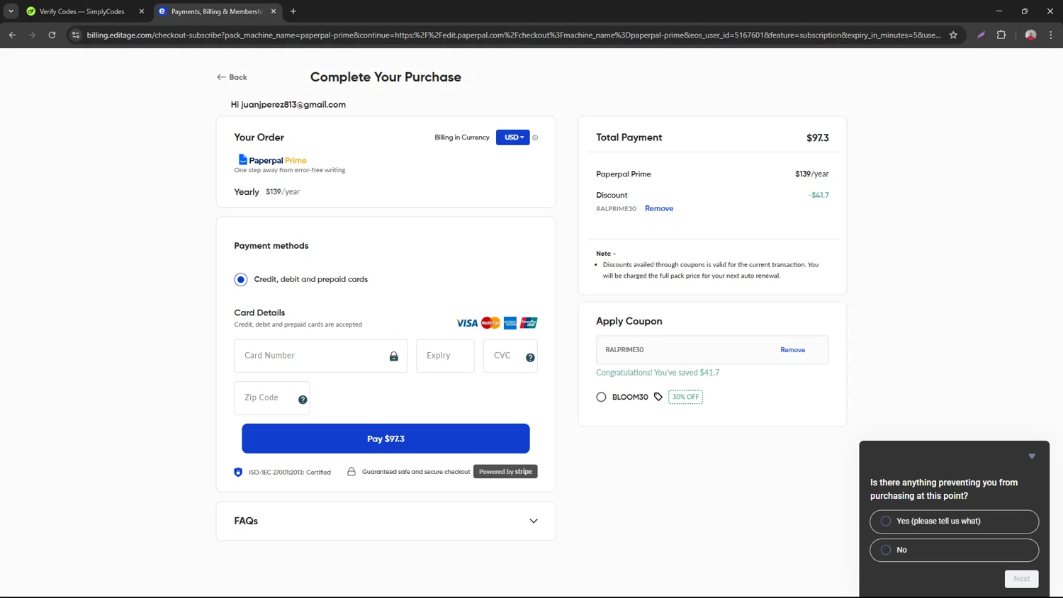 Paperpal discount code screenshot showing code RALPRIME30 applied at Paperpal checkout page. Uploaded by SimplyCodes community member necesitoplata on Apr 3, 2025