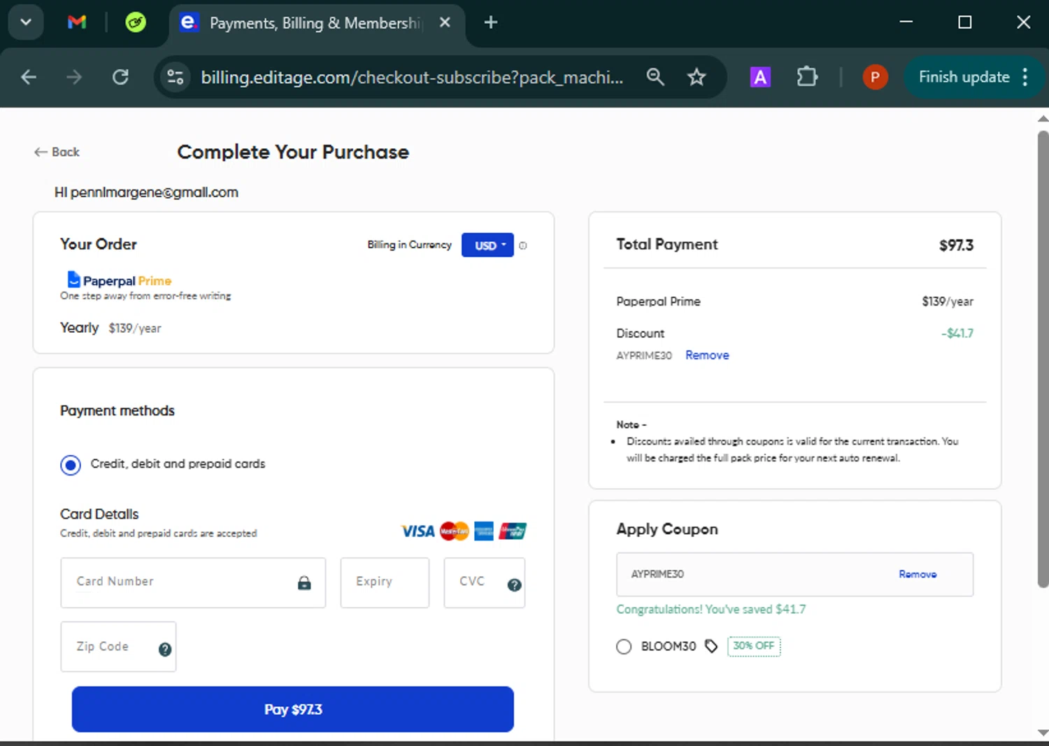 Paperpal discount code screenshot showing code AYPRIME30 applied at Paperpal checkout page. Uploaded by SimplyCodes community member Isabelle_adjanichamber on Mar 27, 2025