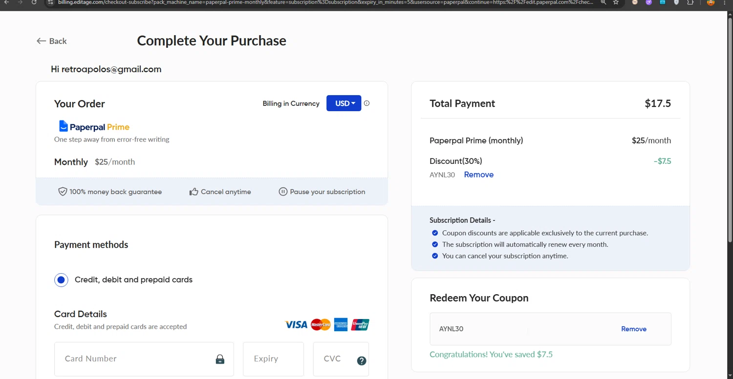 Paperpal discount code screenshot showing code AYNL30 applied at Paperpal checkout page. Uploaded by SimplyCodes community member PrimeShopper6600 on Nov 30, 2025