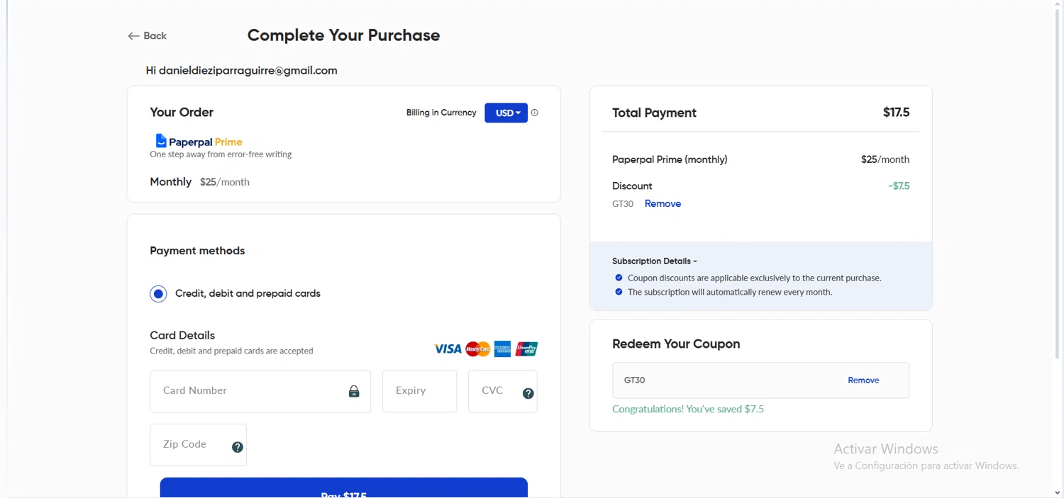 Paperpal discount code screenshot showing code GT30 applied at Paperpal checkout page. Uploaded by SimplyCodes community member comepingas on May 11, 2025