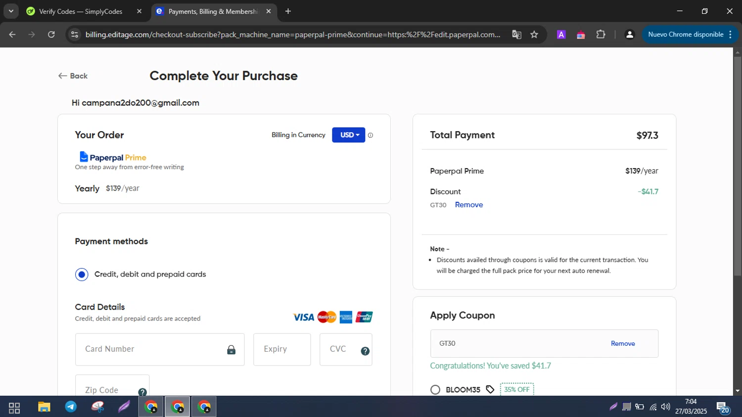 Paperpal discount code screenshot showing code GT30 applied at Paperpal checkout page. Uploaded by SimplyCodes community member messi10 on Mar 27, 2025