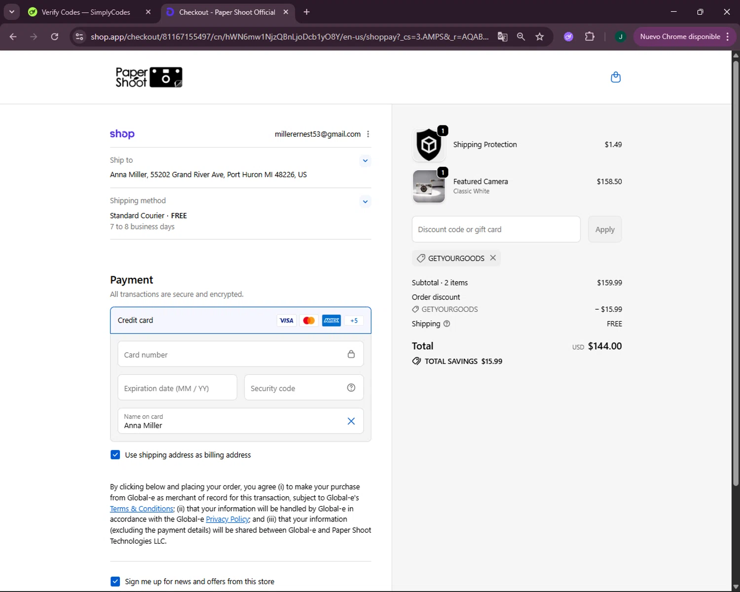 Paper Shoot discount code screenshot showing code GetYourGoods applied at Paper Shoot checkout page. Uploaded by SimplyCodes community member VictoriousOwl2774 on Dec 24, 2025