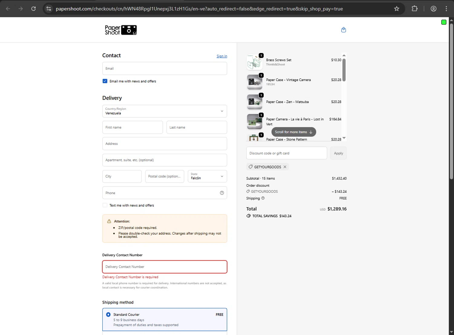 Paper Shoot discount code screenshot showing code GetYourGoods applied at Paper Shoot checkout page. Uploaded by SimplyCodes community member kaiserser on Oct 15, 2025
