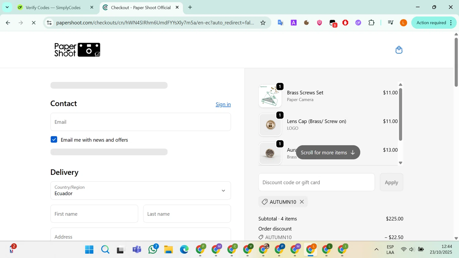 Paper Shoot discount code screenshot showing code AUTUMN10 applied at Paper Shoot checkout page. Uploaded by SimplyCodes community member RebateLegend8934 on Oct 23, 2025