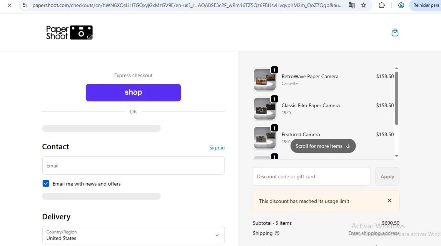 Paper Shoot discount code screenshot showing code PS50 applied at Paper Shoot checkout page. Uploaded by SimplyCodes community member ramonlopez1 on Dec 17, 2025