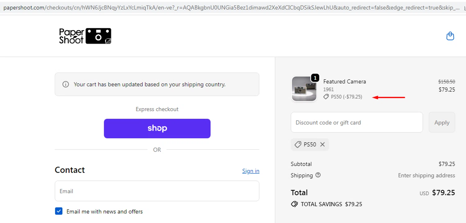 Paper Shoot discount code screenshot showing code PS50 applied at Paper Shoot checkout page. Uploaded by SimplyCodes community member EMILIANOMASABE on Dec 11, 2025