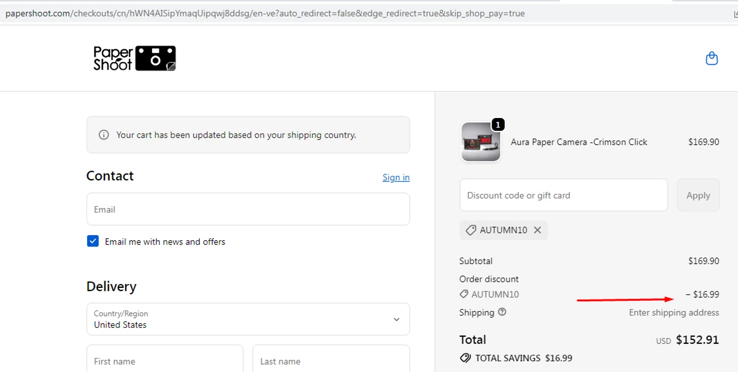 Paper Shoot discount code screenshot showing code AUTUMN10 applied at Paper Shoot checkout page. Uploaded by SimplyCodes community member EMILIANOMASABE on Oct 16, 2025