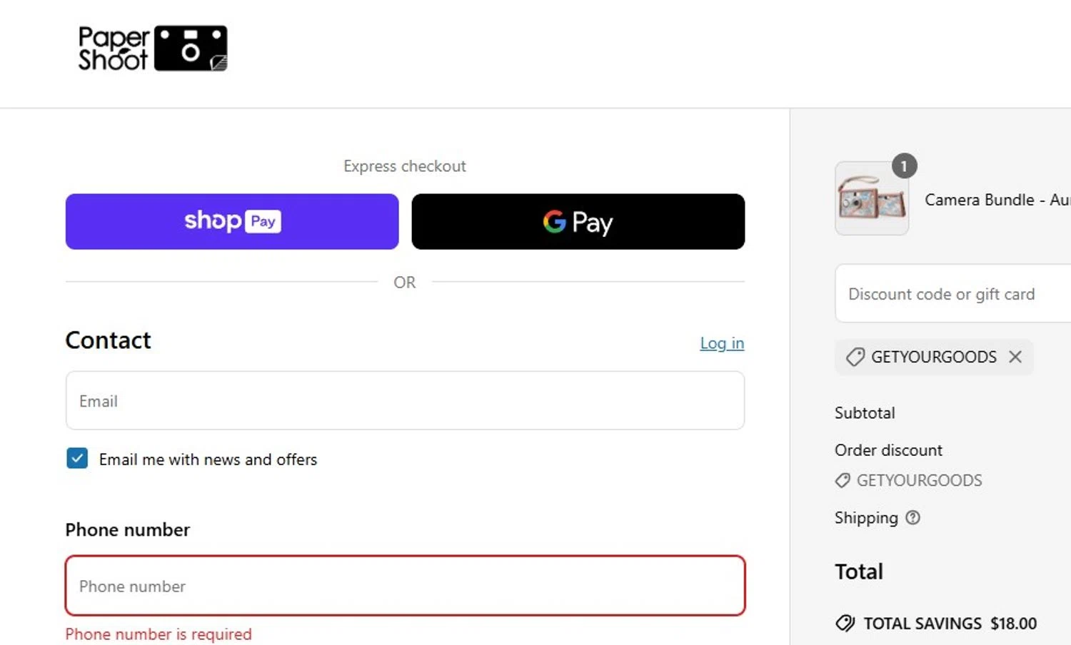 Paper Shoot discount code screenshot showing code GETYOURGOODS applied at Paper Shoot checkout page. Uploaded by SimplyCodes community member Quemiras on Jun 19, 2025