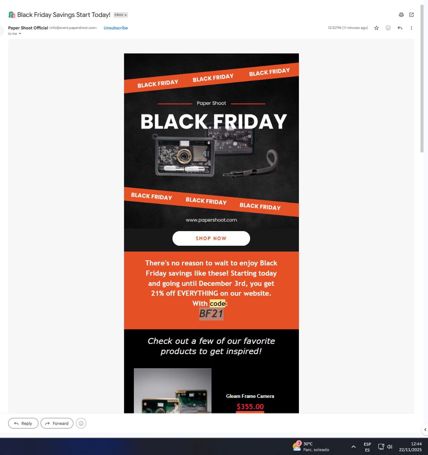 Paper Shoot discount code screenshot showing code BF21 applied at Paper Shoot checkout page. Uploaded by SimplyCodes community member UnkNownVnzla on Nov 22, 2025