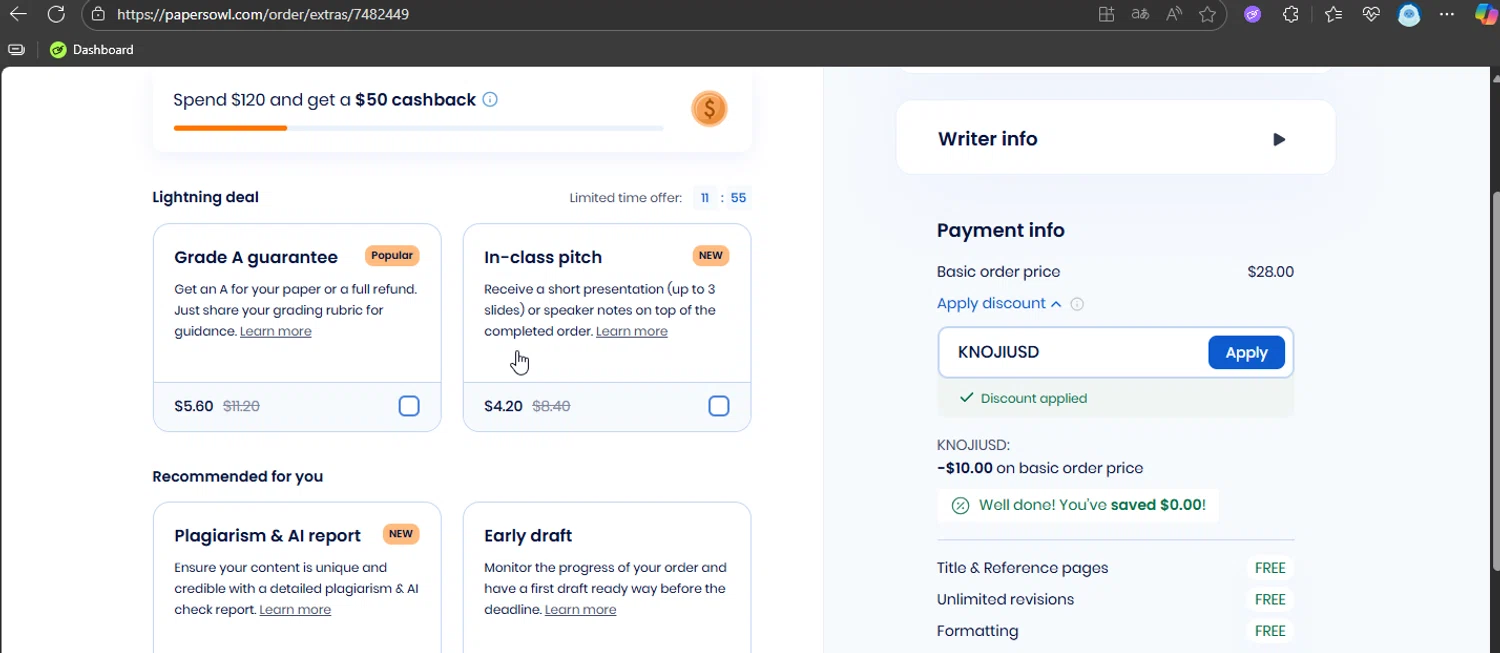 Papersowl promo code screenshot showing code KNOJIUSD applied at Papersowl checkout page. Uploaded by SimplyCodes community member AurelioCasillas on Sep 14, 2025