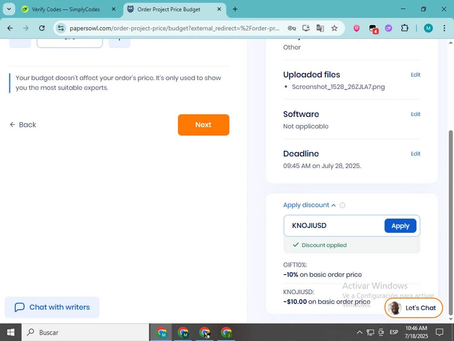 Papersowl promo code screenshot showing code KNOJIUSD applied at Papersowl checkout page. Uploaded by SimplyCodes community member estrellaveloz on Jul 18, 2025