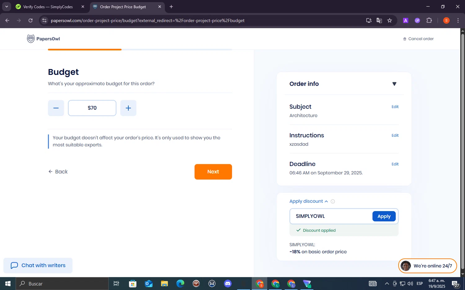 Papersowl promo code screenshot showing code SIMPLYOWL applied at Papersowl checkout page. Uploaded by SimplyCodes community member lacrita_pirueta on Sep 19, 2025